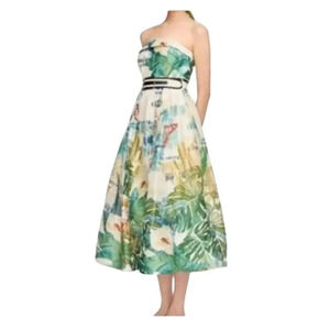 Leo Lin Botanical Print Knee-Length Strapless A-Line Linen Silk Dress US Size 2